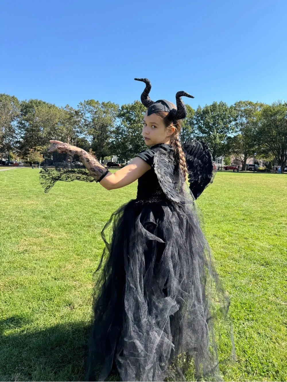 Halloween costume. Black Maleficent-Inspired Kids Costume with Horns and Wings